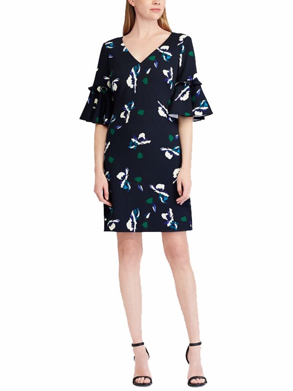 Lauren Ralph Lauren Navy Floral Crepe Bell Sleeve Dress Size 8